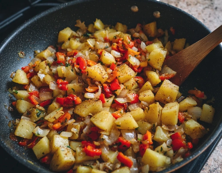 Potatoes, onion, and red bell pepper cooking in a skillet for a chicken and egg breakfast skillet recipe.