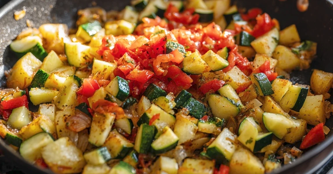 Zucchini and tomatoes cooking in a skillet with potatoes and onions for a chicken and egg breakfast skillet recipe.