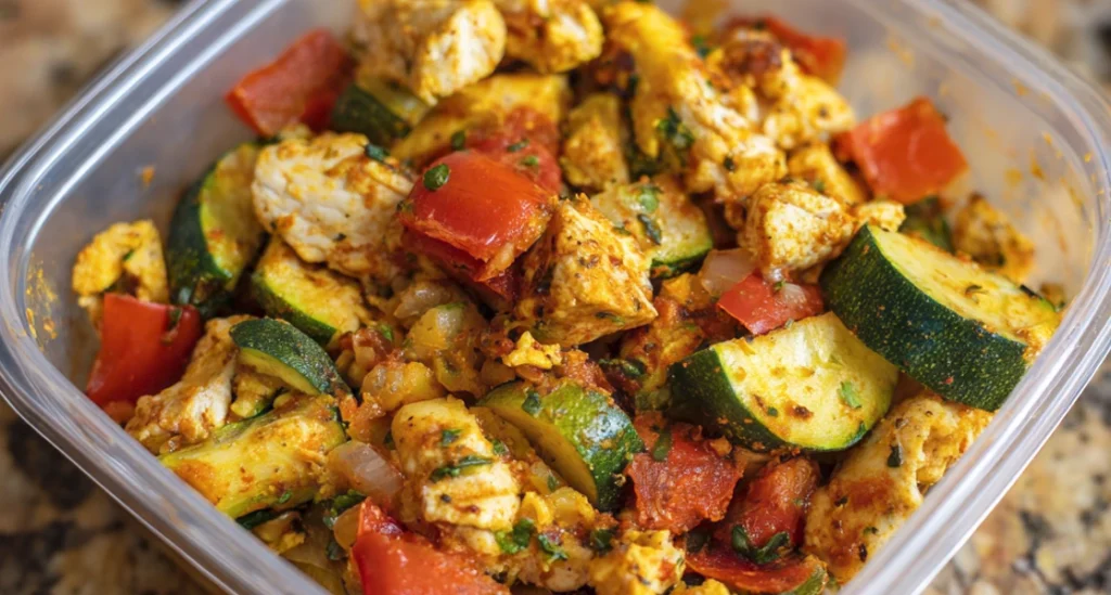 Leftover chicken breakfast skillet stored in a container with chicken, zucchini, tomatoes, and onions.
