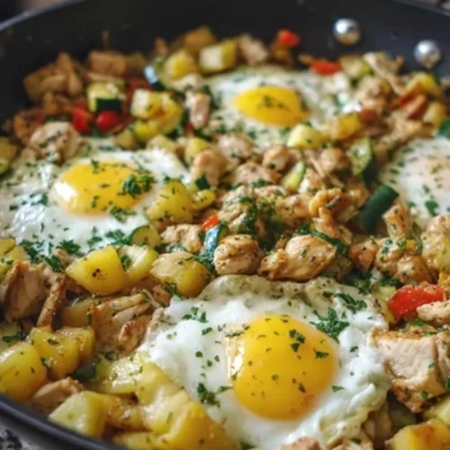Chicken and egg breakfast skillet with potatoes, zucchini, bell pepper, and eggs cooked on top in a skillet.