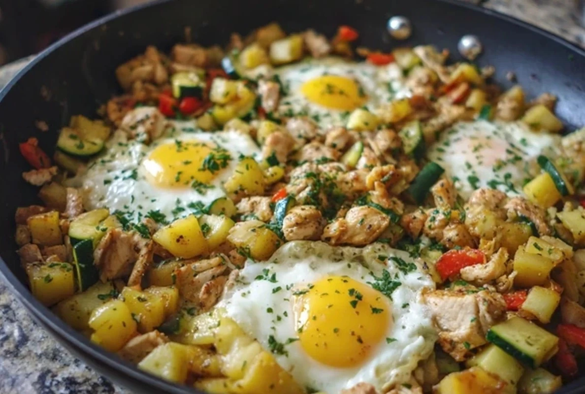 Chicken and egg breakfast skillet with potatoes, zucchini, bell pepper, and eggs cooked on top in a skillet.