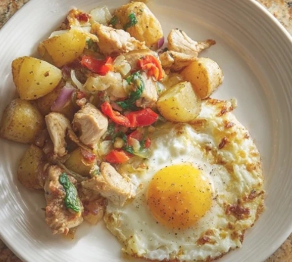 Serving of chicken and egg breakfast skillet with potatoes, chicken, peppers, onion, and a fried egg on a plate.