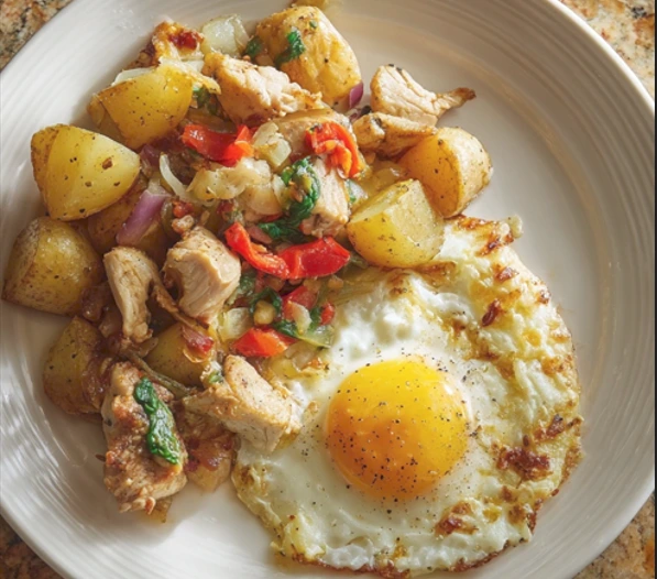 Serving of chicken and egg breakfast skillet with potatoes, chicken, peppers, onion, and a fried egg on a plate.