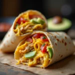 A delicious chicken breakfast burrito filled with scrambled eggs, diced chicken, cheese, and fresh vegetables, wrapped in a warm tortilla
