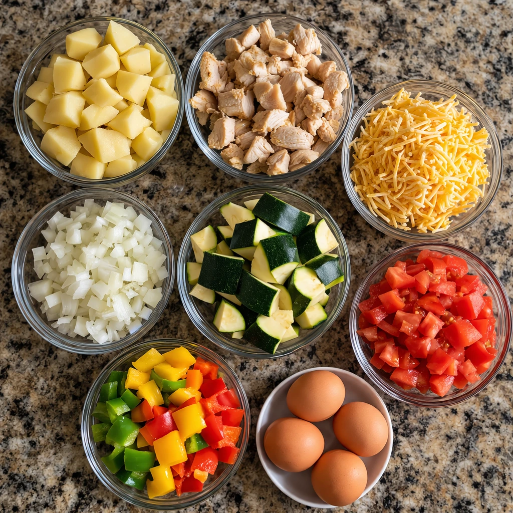Ingredients for chicken and egg breakfast skillet in glass bowls on a granite countertop, including potatoes, chicken, shredded cheese, onion, zucchini, diced tomatoes, mixed bell peppers, and brown eggs.