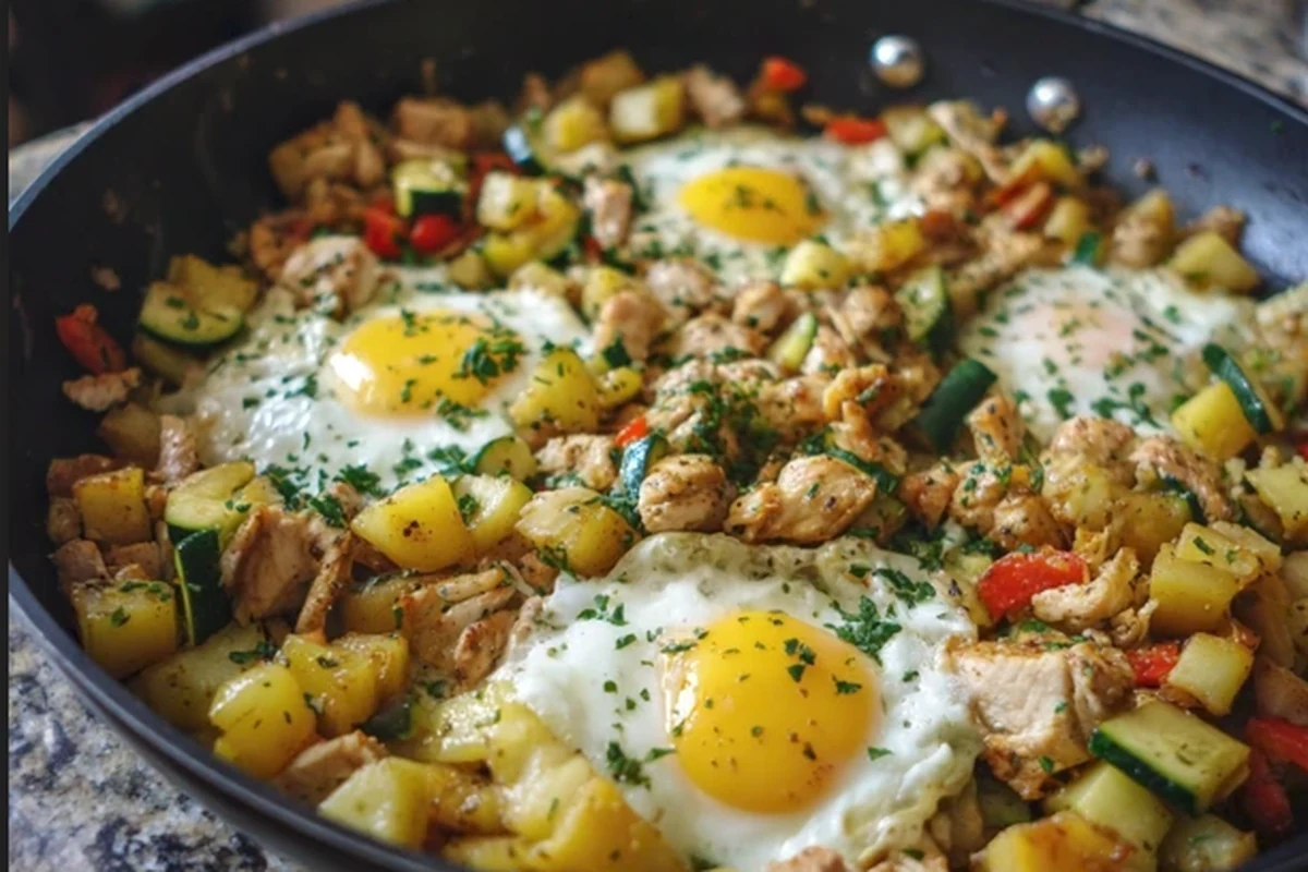 Chicken and Egg Breakfast Skillet in Pan Chicken and egg breakfast skillet with potatoes, zucchini, bell pepper, and eggs cooked on top in a skillet.
