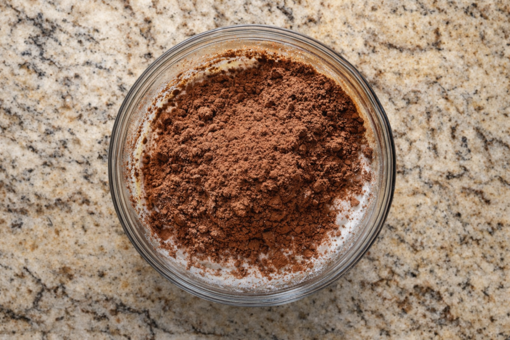 Glass bowl with cocoa powder on top of wet cake ingredients on a speckled granite countertop.