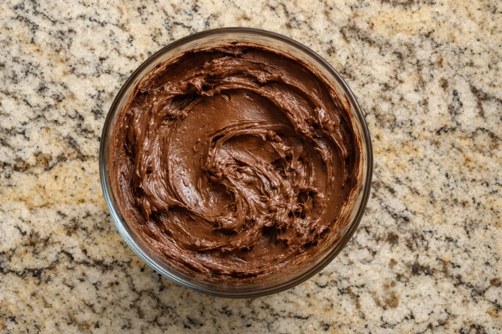 Glass bowl of thick chocolate frosting on a speckled granite countertop.
