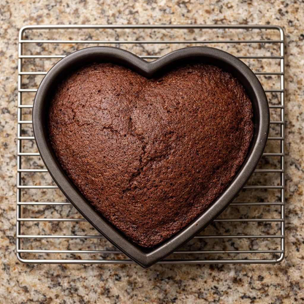 Heart-shaped chocolate cake in a baking pan resting on a metal cooling rack over a speckled granite countertop.