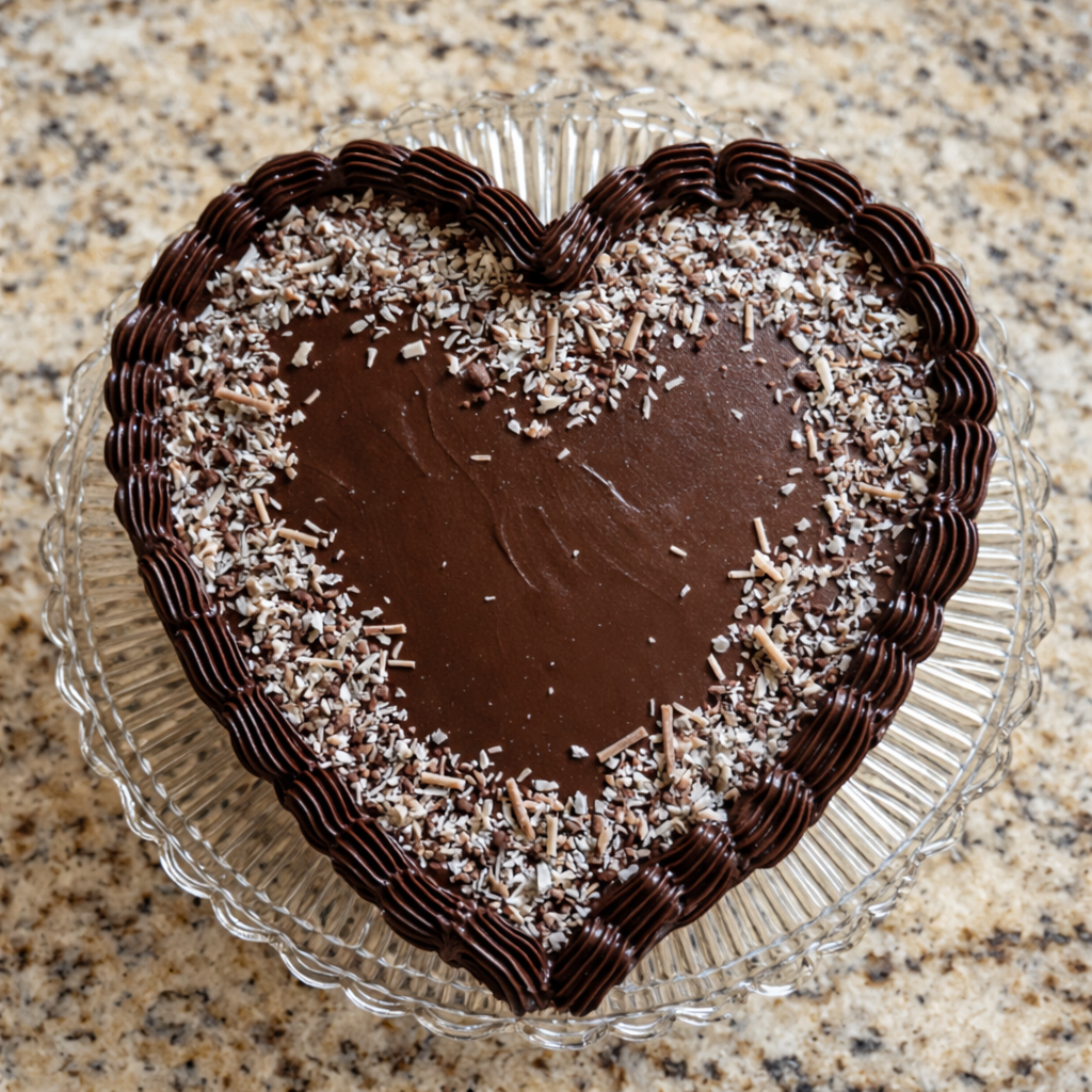 Top-down view of a heart-shaped chocolate cake on a glass stand, frosted with chocolate and finished with a piped border and chocolate shavings.