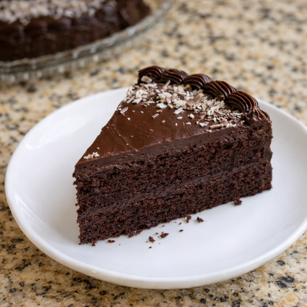 Slice of chocolate cake with ganache frosting and chocolate shavings on a white plate.