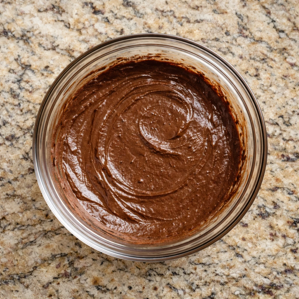 Glass bowl filled with smooth chocolate batter or frosting on a speckled granite countertop.