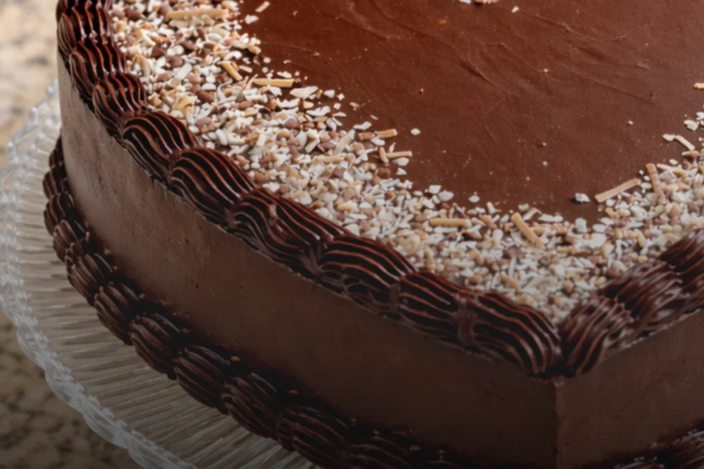 Close-up of a chocolate cake with smooth ganache, piped chocolate borders, and chocolate shavings on a glass cake stand.