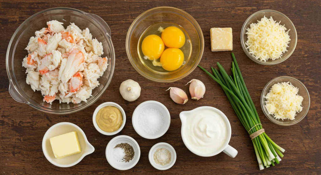 Flat lay of fresh crab brûlée ingredients including lump crab, egg yolks, cheese, garlic, mustard, cream, butter, and herbs on a wooden surface.