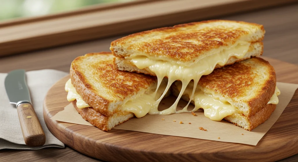 Golden Starbucks-style grilled cheese sandwich sliced in half with melted cheese stretching between slices on a wooden board
