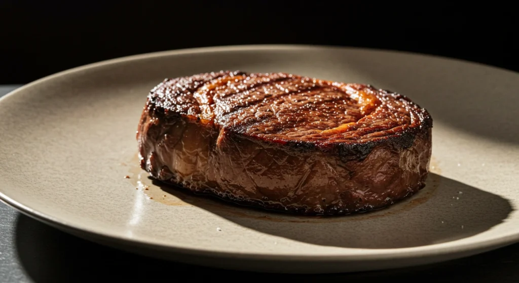Seared filet steak resting on a plate under natural light, showcasing a rich crust and tender texture