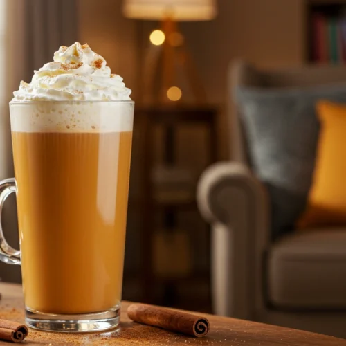 Pumpkin spice latte topped with whipped cream and cinnamon, served in a glass mug in a cozy fall living room.