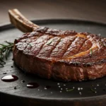 Tomahawk ribeye steak grilled to perfection, garnished with rosemary and coarse salt on a dark plate
