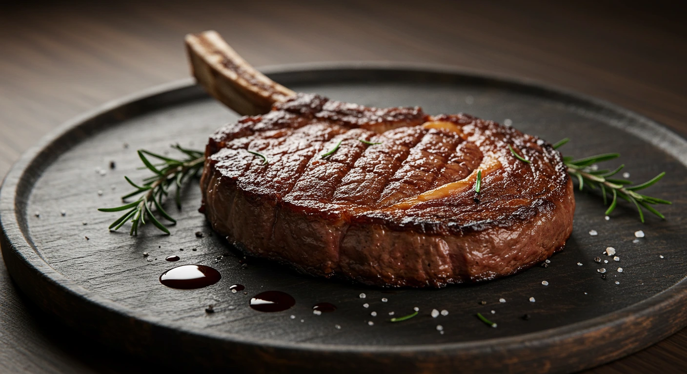 Tomahawk ribeye steak grilled to perfection, garnished with rosemary and coarse salt on a dark plate