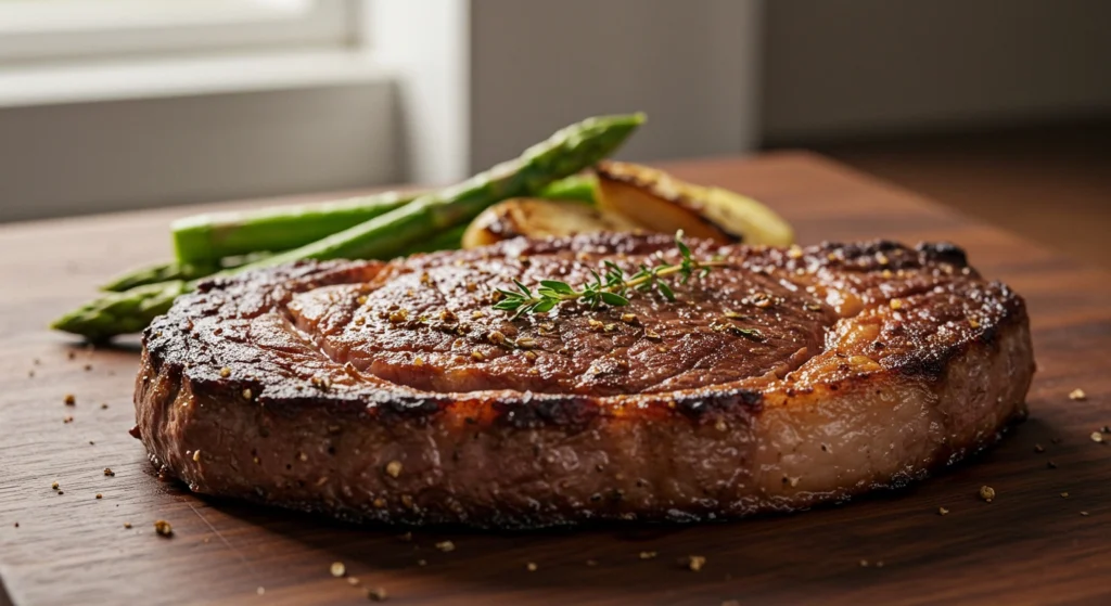 Grilled ribeye steak seasoned with cracked pepper and fresh thyme, served on a wooden board with asparagus and roasted potato slices