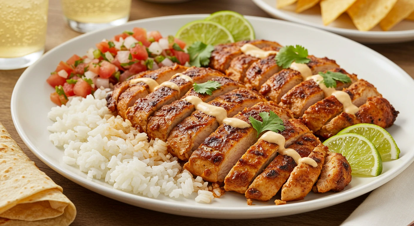 Sliced chipotle chicken served with white rice, pico de gallo, lime wedges, and creamy sauce on a white plate