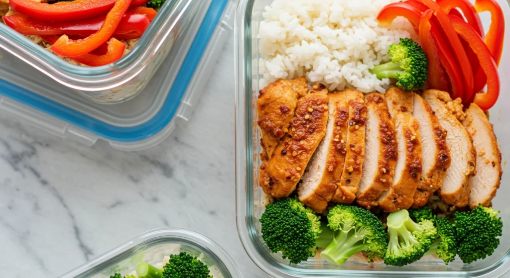 Meal prep container with sliced chipotle chicken, steamed broccoli, red bell pepper, and white rice