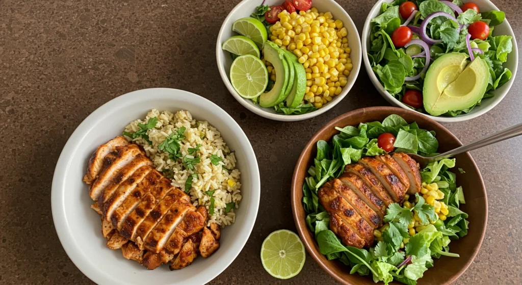 Chipotle chicken served in rice and salad bowls with fresh toppings like avocado, corn, lime, and tomatoes