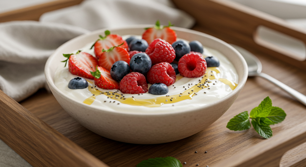 Greek yogurt in a bowl topped with strawberries, raspberries, blueberries, chia seeds, and a honey drizzle