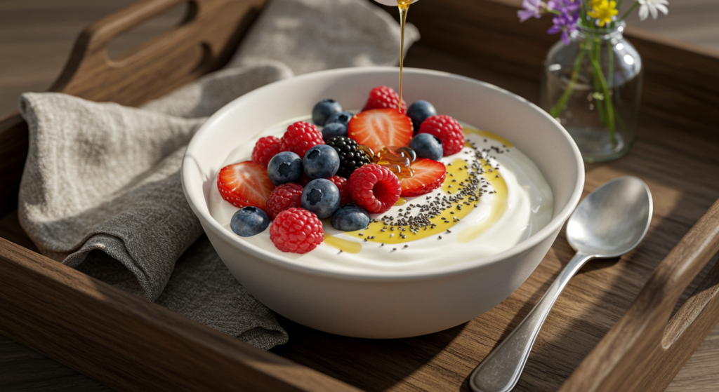 Greek yogurt in a white bowl topped with raspberries, blueberries, strawberries, nuts, chia seeds, and honey drizzle