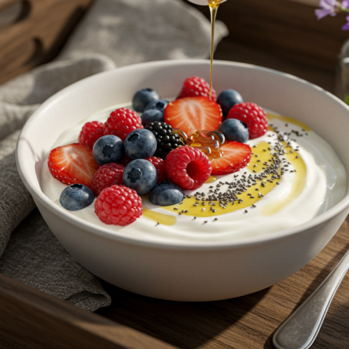 Greek yogurt bowl topped with fresh berries, chia seeds, and honey served on a wooden tray