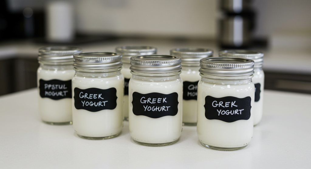 Glass mason jars filled with homemade Greek yogurt labeled and sealed for storage.