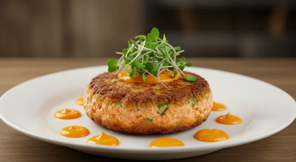"Gourmet salmon cake topped with microgreens and surrounded by dollops of orange aioli on a white plate."