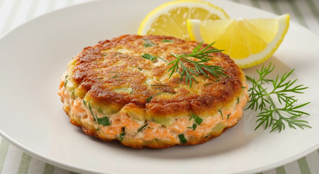 "Golden brown salmon cake garnished with fresh dill and lemon wedges on a white plate."