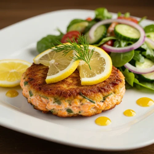 "Golden crispy salmon cake served with lemon slices and a fresh green salad on a white plate."