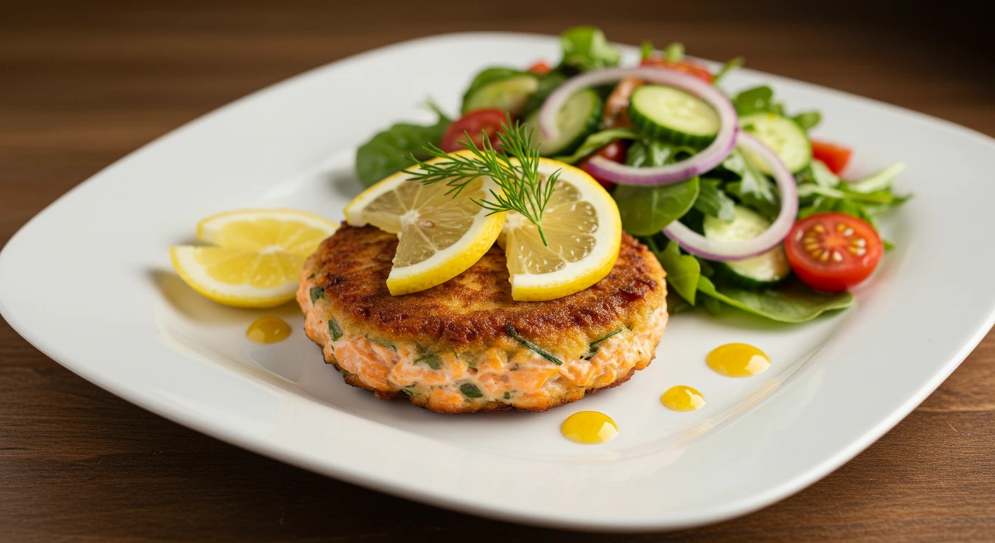 "Golden crispy salmon cake served with lemon slices and a fresh green salad on a white plate."