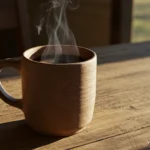 Steaming cup of black coffee on a wooden table in warm morning light.
