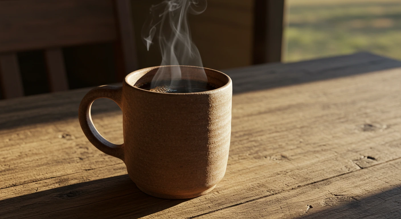 Steaming cup of black coffee on a wooden table in warm morning light.