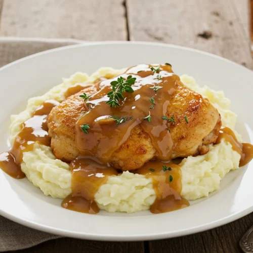 Crispy chicken breast with brown gravy served over mashed potatoes on a white plate with fresh thyme garnish
