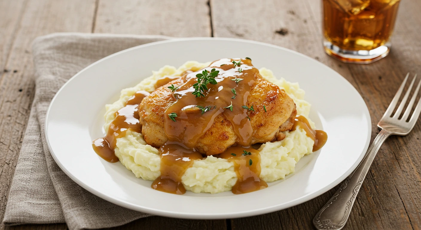 Crispy chicken breast with brown gravy served over mashed potatoes on a white plate with fresh thyme garnish