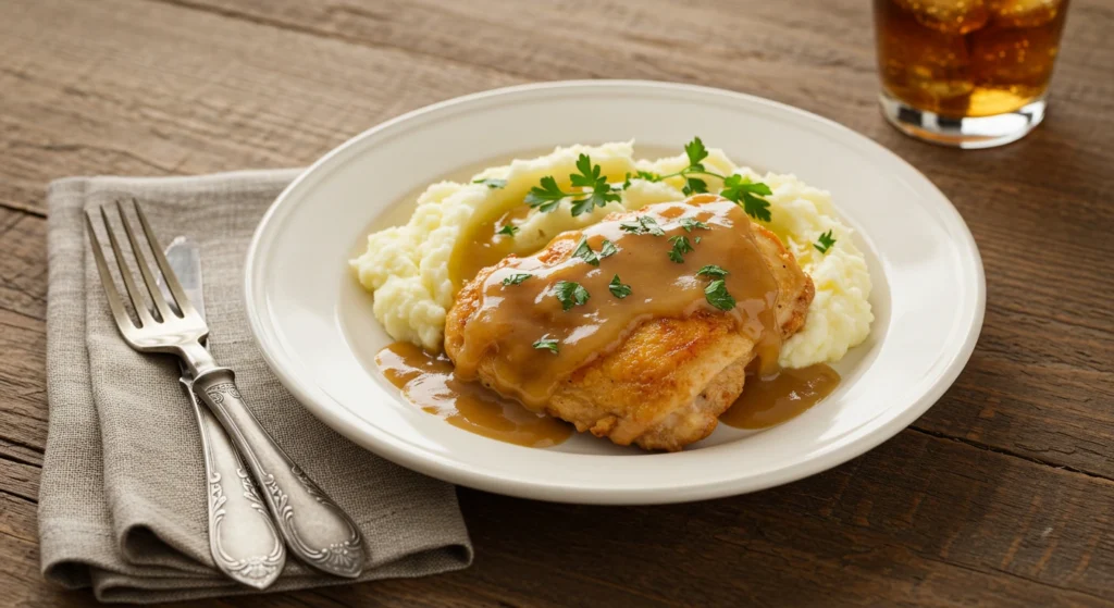 Golden chicken breast with brown gravy and mashed potatoes on a white plate, garnished with parsley