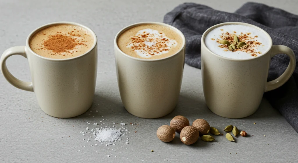Three spiced coffee drinks topped with cinnamon, sea salt, nutmeg, and cardamom