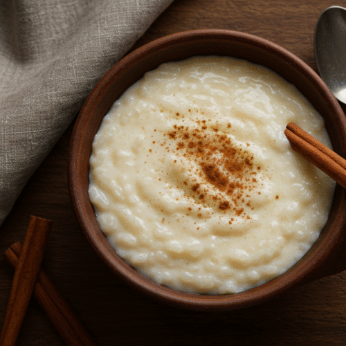 Creamy arroz con leche served in a clay bowl with cinnamon stick and powdered cinnamon on top