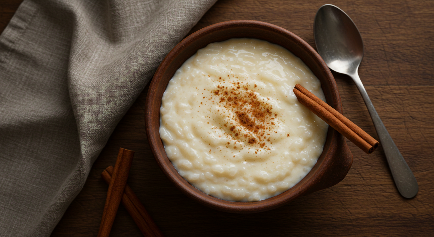 Creamy arroz con leche served in a clay bowl with cinnamon stick and powdered cinnamon on top