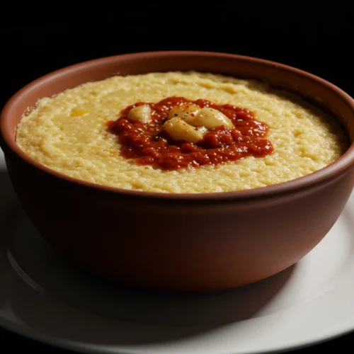 Creamy pastina topped with tomato sauce and melted cheese in a rustic clay bowl