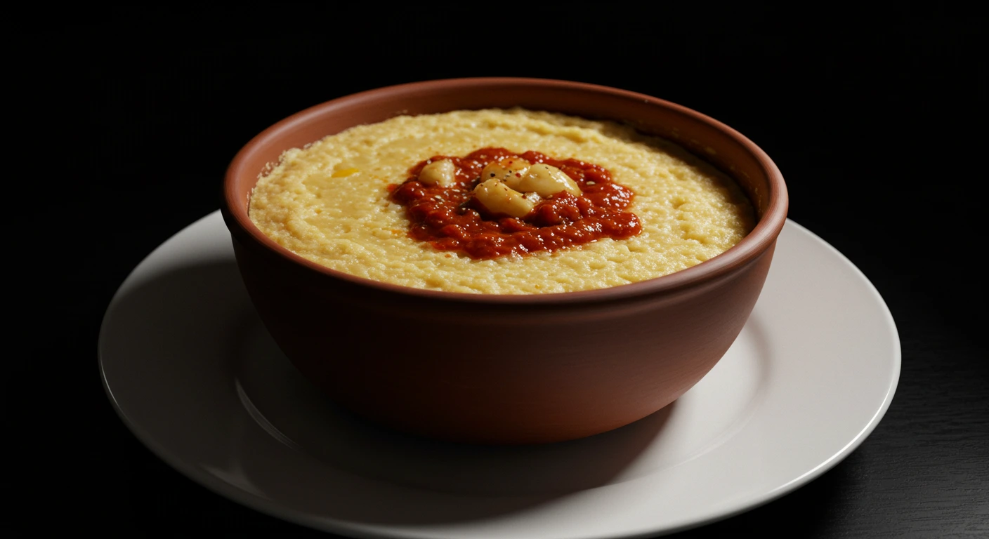 Creamy pastina topped with tomato sauce and melted cheese in a rustic clay bowl