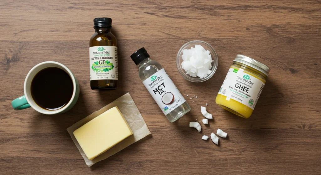 Healthy coffee ingredients: butter, MCT oil, ghee, coconut oil, and black coffee
