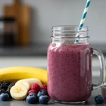 Berry protein smoothie in a mason jar with a blue striped straw, surrounded by banana slices, fresh berries, chia seeds, and a protein scoop on a kitchen counter.