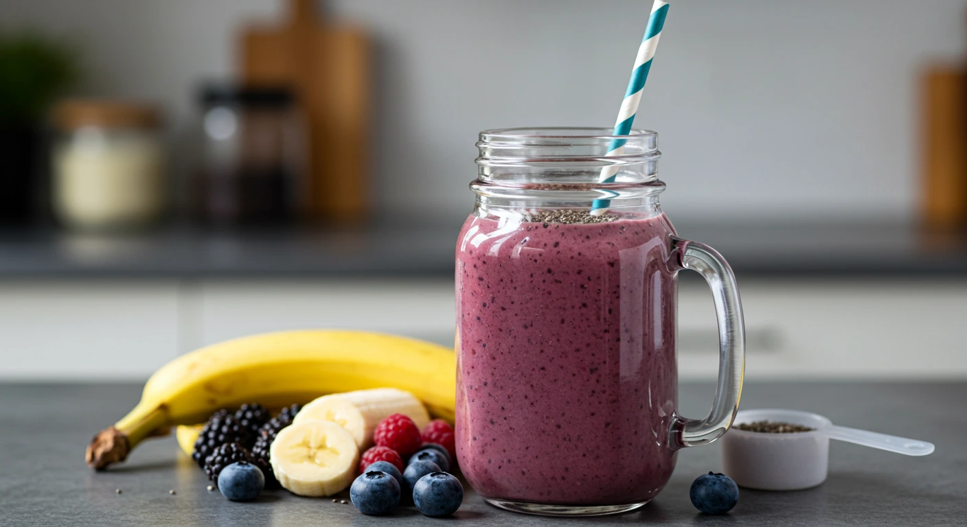 Berry protein smoothie in a mason jar with a blue striped straw, surrounded by banana slices, fresh berries, chia seeds, and a protein scoop on a kitchen counter.