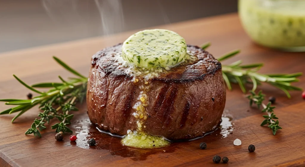 Grilled filet mignon topped with a round of cowboy butter melting over the meat, surrounded by herbs and peppercorns on a wooden board