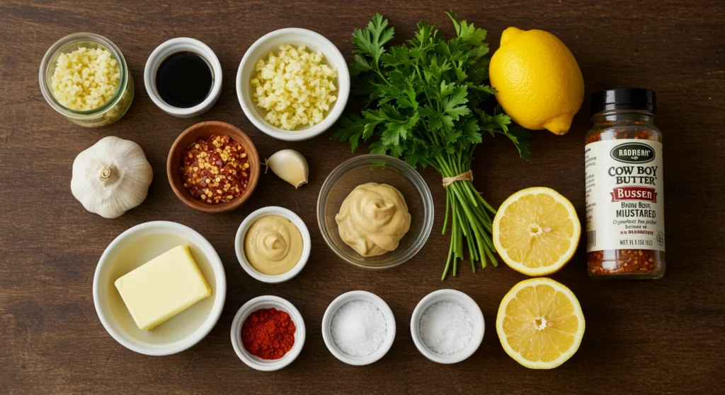 Flat lay of cowboy butter ingredients including butter, garlic, parsley, lemons, mustard, red pepper flakes, paprika, and salt on a wooden table